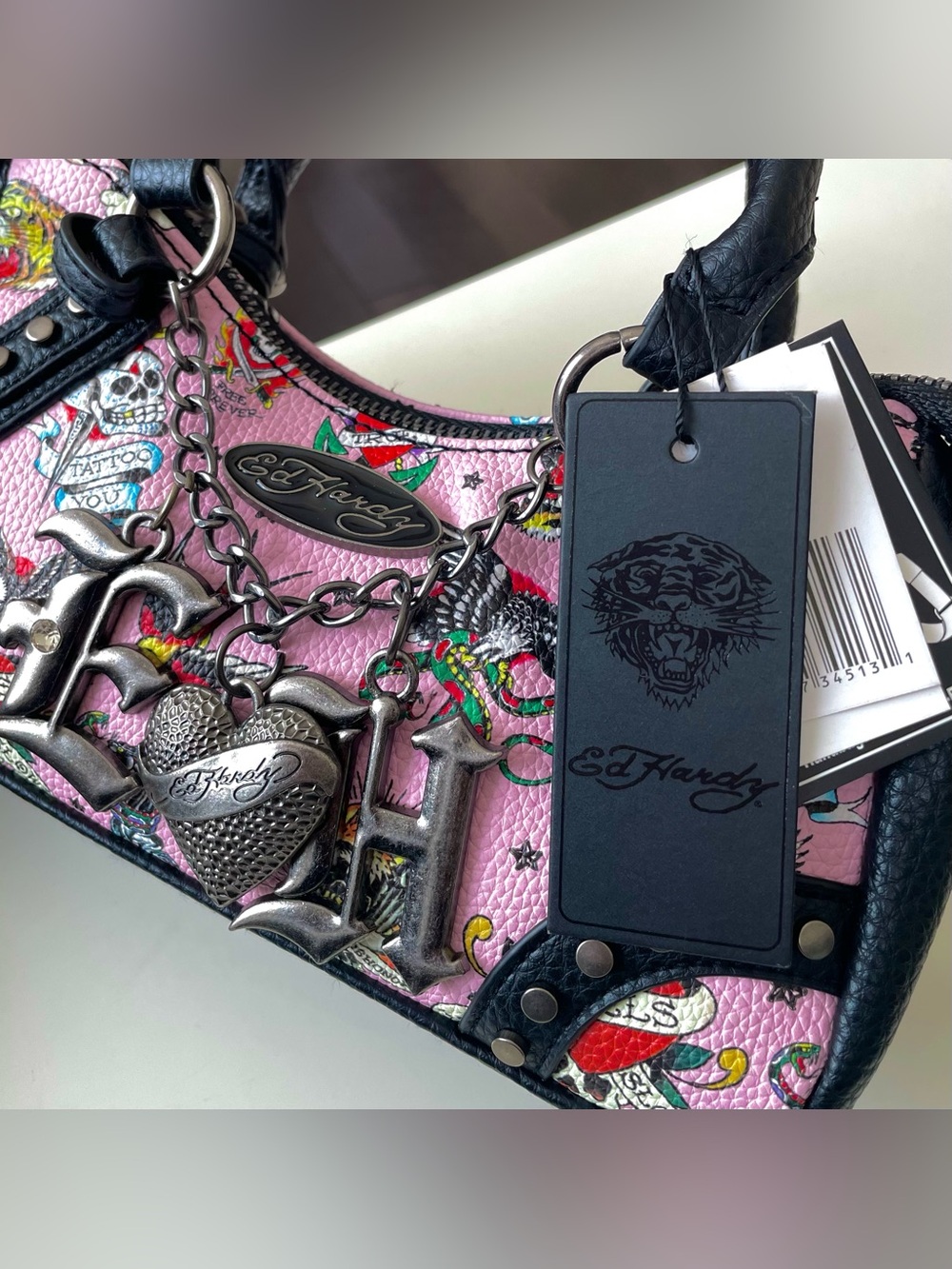 Ed Hardy Pink Tattoo-Print Bag BRAND NEW